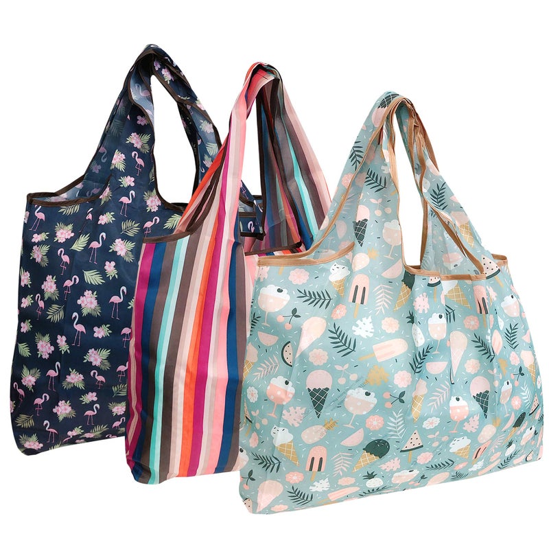 allydrew Large Foldable Tote Nylon Reusable Grocery Bag, 3 Pack, Summer Vacation - Image 1